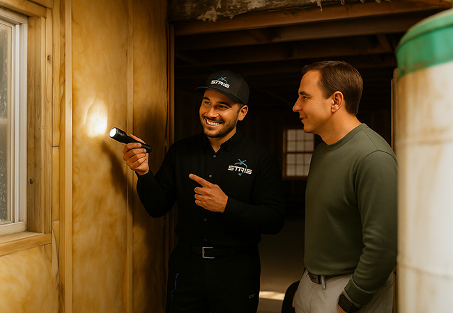 Strib Pest Control technician consulting with a Madison homeowner